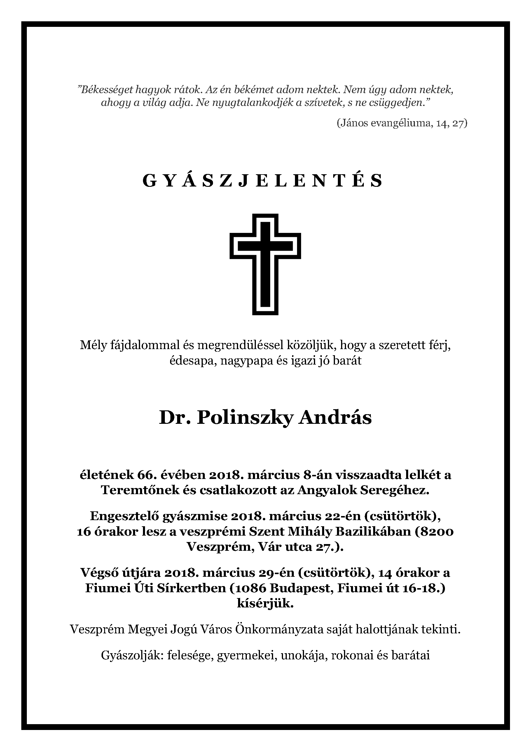 Gyászjelentés Polinszky András 1
