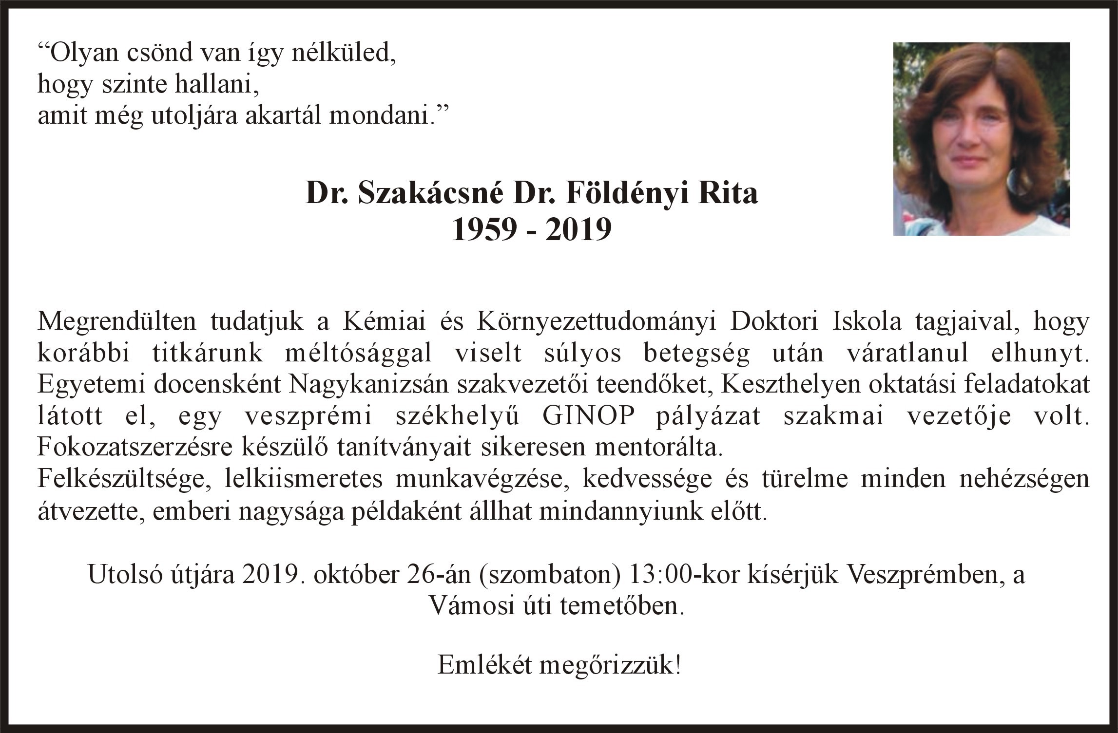 gyászjelentés Dr. Földényi Rita